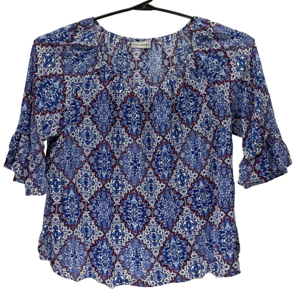 Catherines Rayon 3/4 Sleeve Top Blue White Red Women's 0X Shirt